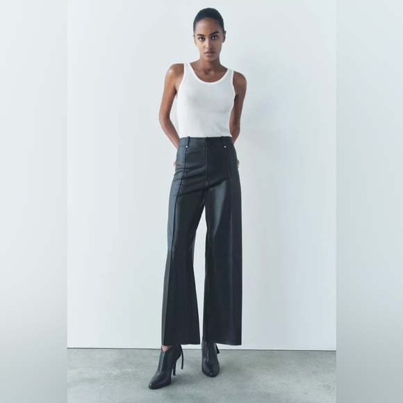 Zara Pants - Zara Faux Leather Pants NWT Sz XS zipper fly stitch detail high rise black flare